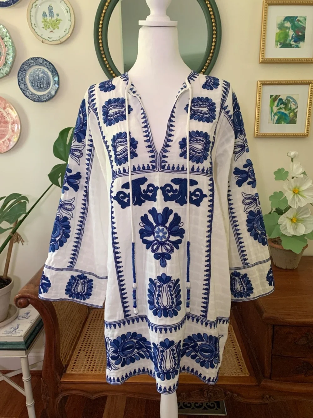 Zara Blue White Embroidered Short Mini Kaftan Caftan XS Dress A2 - Picture 2 of 5